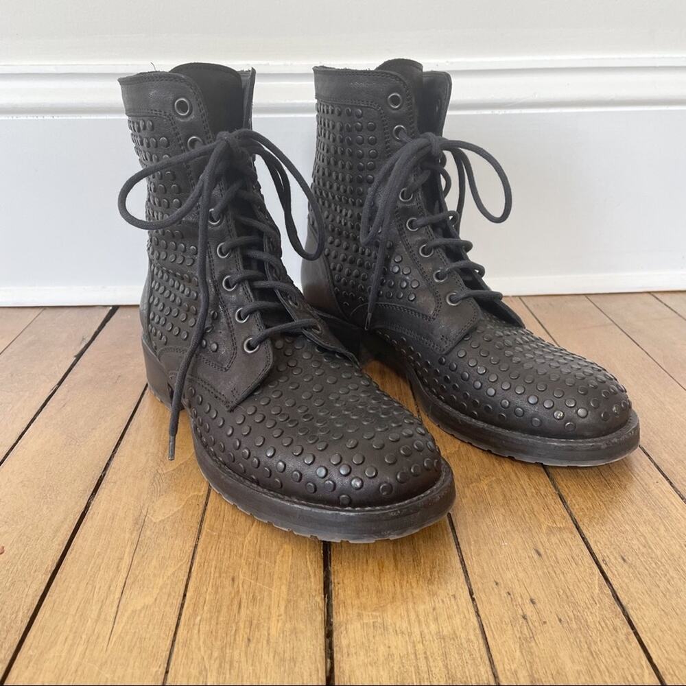 275 Central 1515 Black Leather Studded Lace Up Combat Boots 7